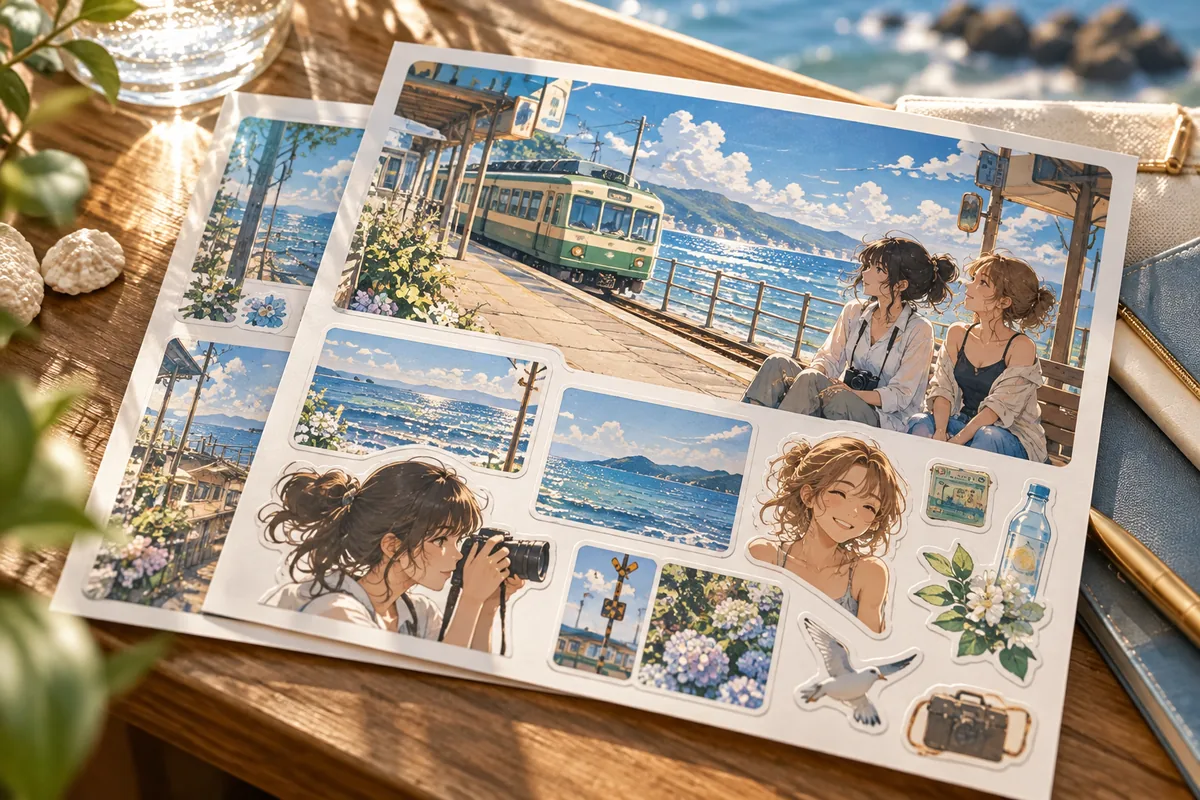 Custom sticker sheets with original anime-inspired artwork: sunlit seaside train and two friends