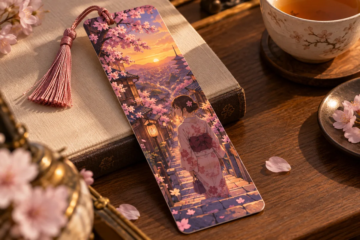 Custom bookmarks with original anime-inspired artwork: sakura street at golden hour