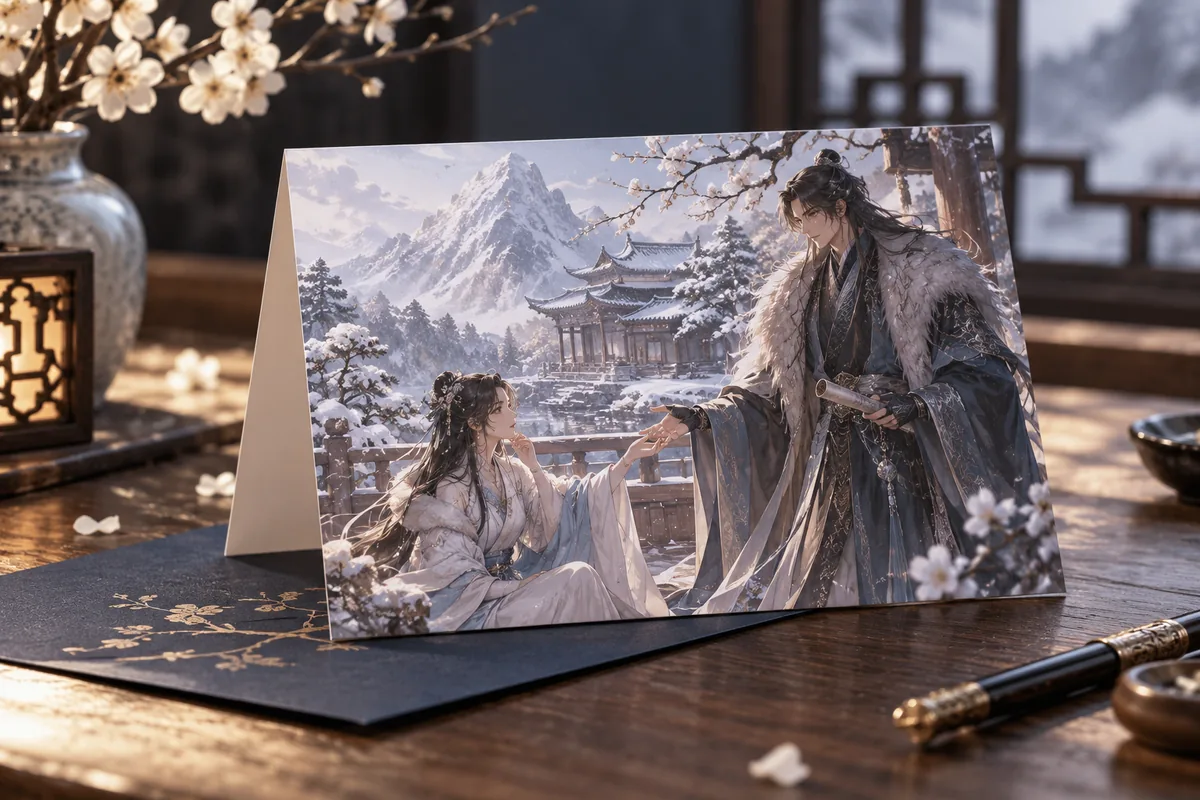 Personalised greeting cards with original donghua-inspired artwork: snowy mountain sect courtyard with original characters