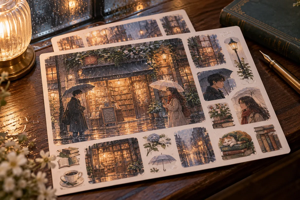 Custom sticker sheets with original kdrama-inspired artwork: rainy bookstore street and two strangers with umbrellas