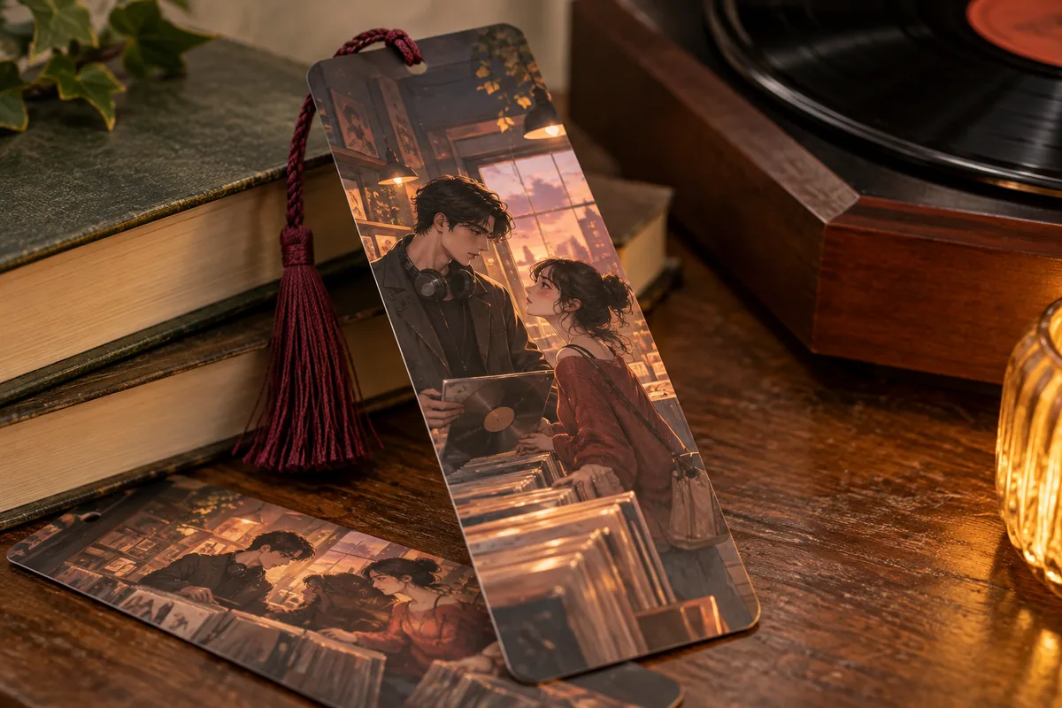 Custom bookmarks with original kdrama-inspired artwork: record shop meeting with original adult characters