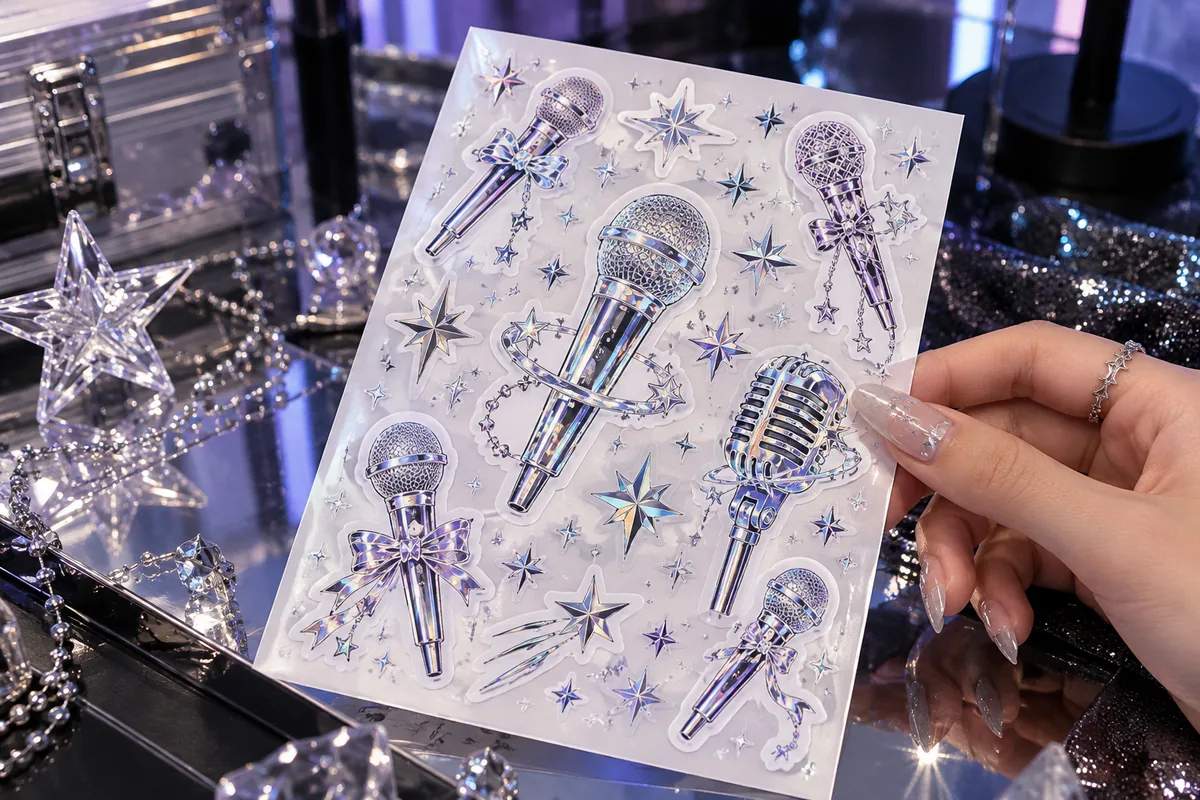 Custom sticker sheets with original kpop-inspired artwork: holographic microphone and silver star typography-free art