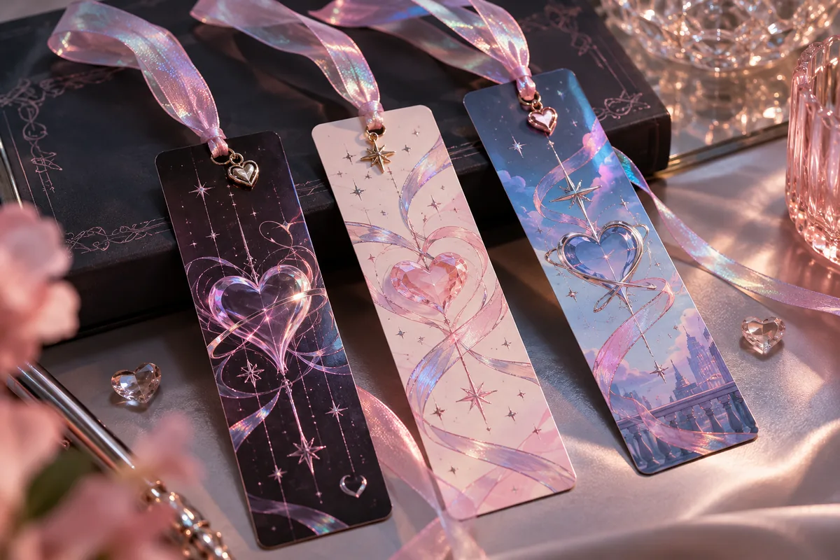 Custom bookmarks with original kpop-inspired artwork: graphic heart motifs and iridescent ribbons