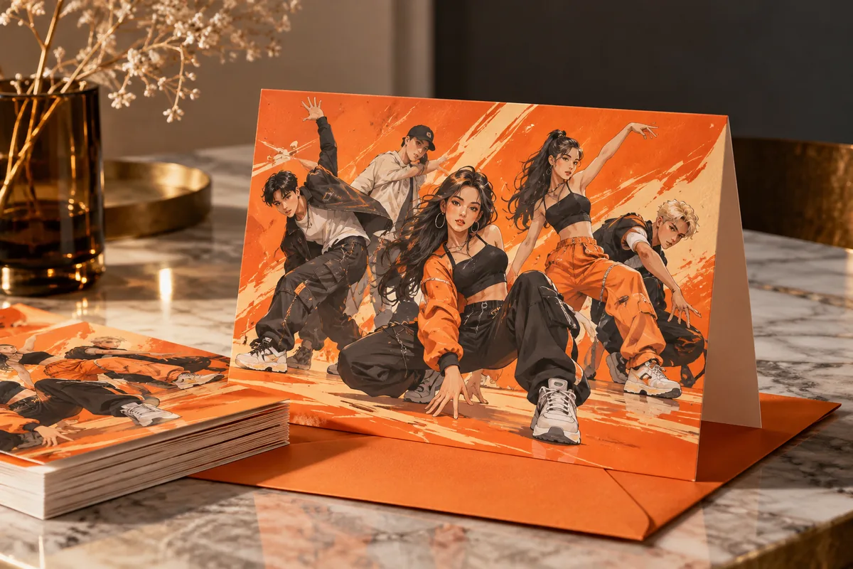 Personalised greeting cards with original kpop-inspired artwork: original dance crew dynamic poses against orange backdrop