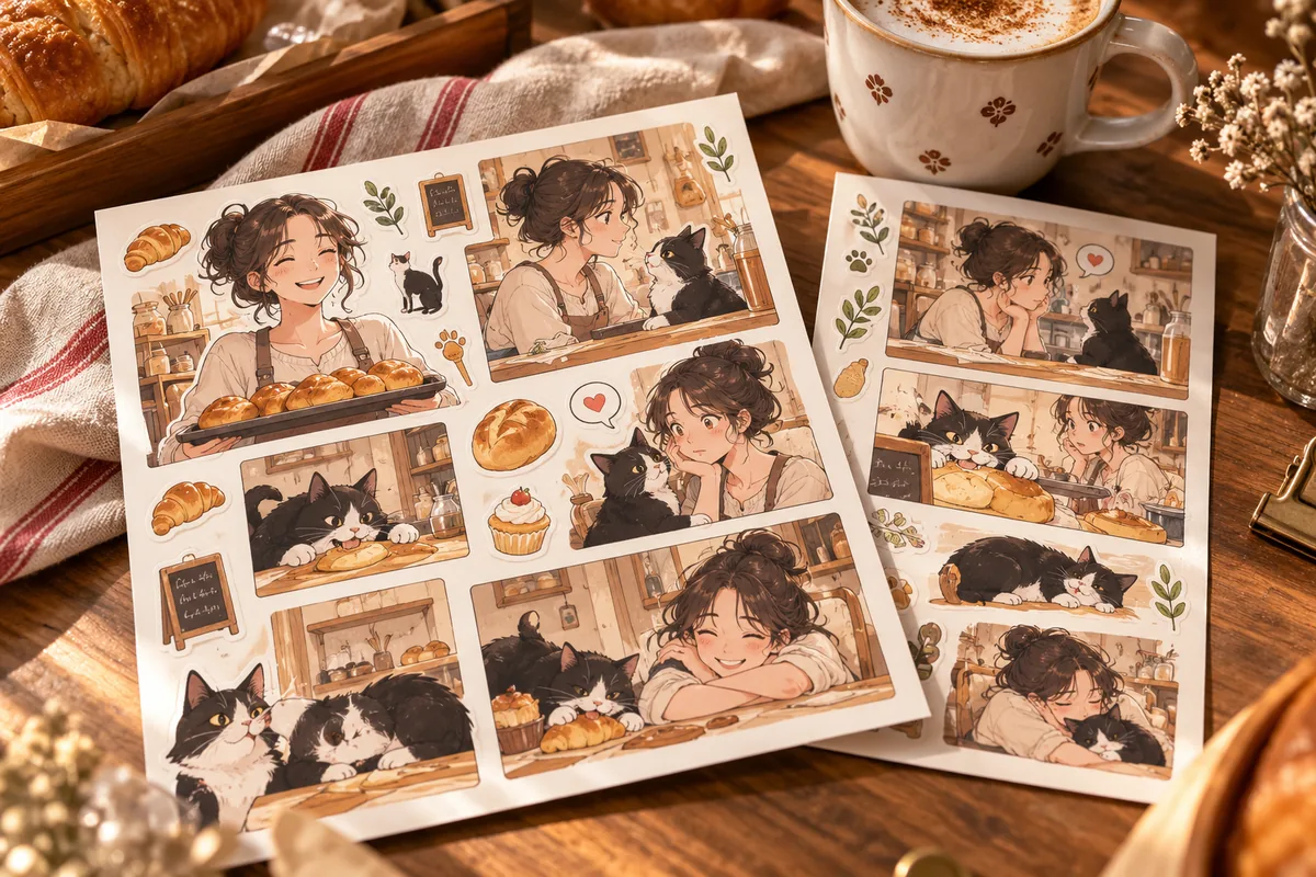 Custom sticker sheets with original webtoon-inspired artwork: cozy bakery owner and mischievous cat comic panels