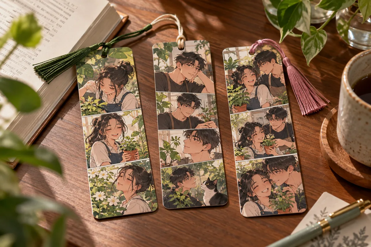 Custom bookmarks with original webtoon-inspired artwork: urban garden club comic strip