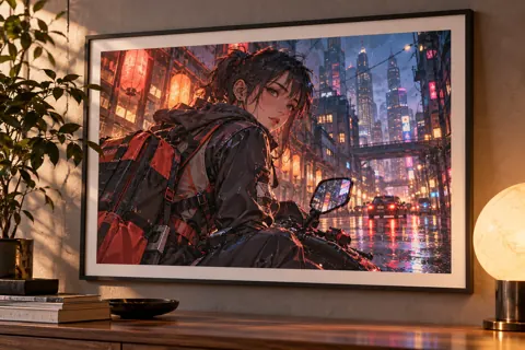 Posters and art prints with original anime-inspired artwork: rainy neon city with original courier heroine
