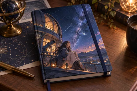 Personalised notebooks with original anime-inspired artwork: cosmic observatory and young stargazer