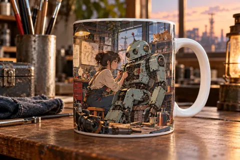 Personalised photo mug with original anime-inspired artwork: retro robot repair workshop