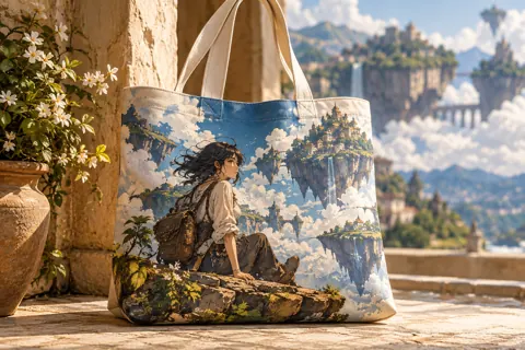 Printed tote bags with original anime-inspired artwork: floating sky island adventure