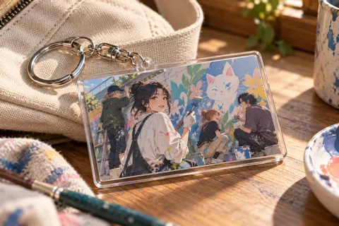 Photo keyrings with original anime-inspired artwork: school art club painting a mural