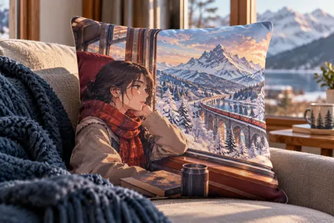 Photo cushions with original anime-inspired artwork: snowy mountain railway journey