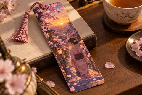 Custom bookmarks with original anime-inspired artwork: sakura street at golden hour