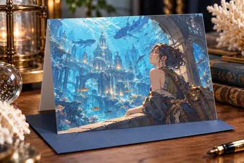 Personalised greeting cards with original anime-inspired artwork: underwater fantasy city explorer