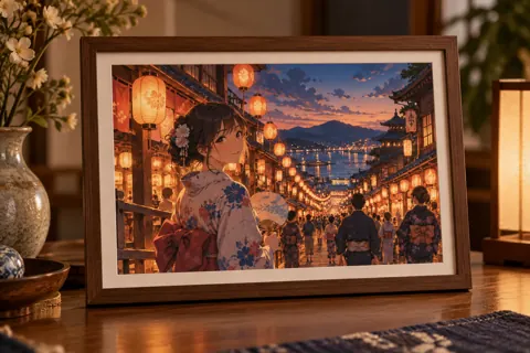 Photo frames with original anime-inspired artwork: summer festival lantern street