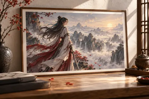 Posters and art prints with original donghua-inspired artwork: original wandering swordswoman above misty peaks