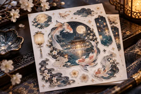 Custom sticker sheets with original donghua-inspired artwork: celestial koi circling moonlit pavilion