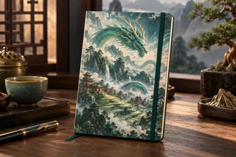 Personalised notebooks with original donghua-inspired artwork: jade dragon over terraced mountains