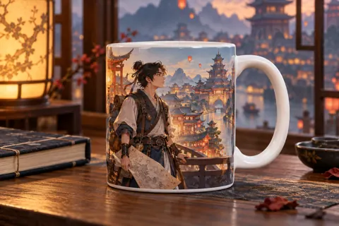 Personalised photo mug with original donghua-inspired artwork: young inventor in a fantastical Chinese city