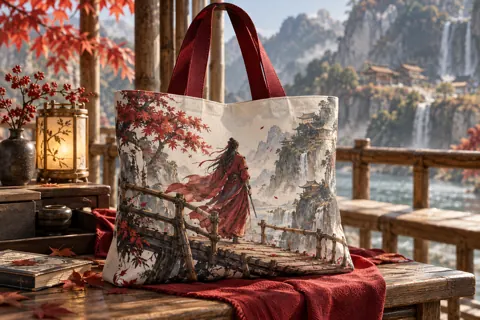 Printed tote bags with original donghua-inspired artwork: crimson-robed traveller crossing bamboo bridge