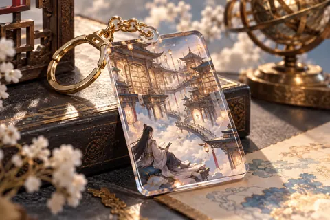 Photo keyrings with original donghua-inspired artwork: ancient library suspended among clouds
