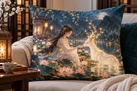 Photo cushions with original donghua-inspired artwork: moonlit lotus lake with an original fantasy character