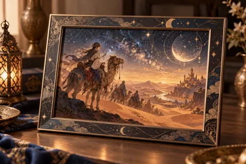 Photo frames with original donghua-inspired artwork: silk-road desert caravan and celestial stars
