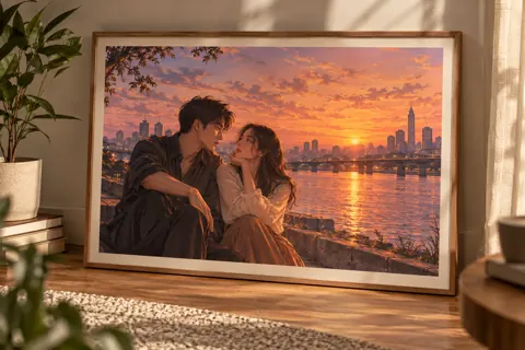 Posters and art prints with original kdrama-inspired artwork: original fictional couple at Seoul riverside sunset