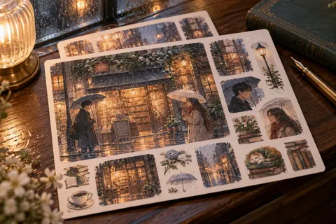 Custom sticker sheets with original kdrama-inspired artwork: rainy bookstore street and two strangers with umbrellas