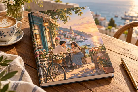 Personalised notebooks with original kdrama-inspired artwork: coastal village cafe and bicycle