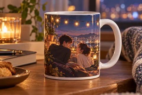 Personalised photo mug with original kdrama-inspired artwork: rooftop garden in warm city night