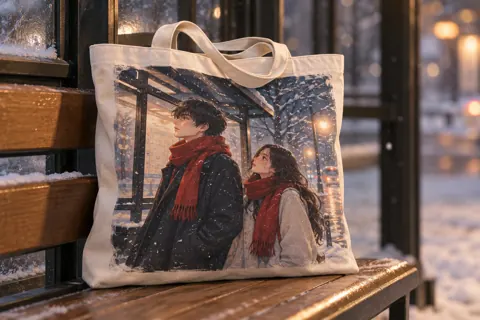 Printed tote bags with original kdrama-inspired artwork: winter bus stop and red scarf