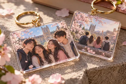 Photo keyrings with original kdrama-inspired artwork: spring university courtyard friendship scene