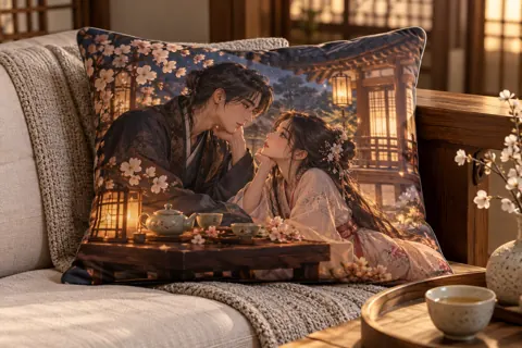 Photo cushions with original kdrama-inspired artwork: traditional hanok tea-house quiet romance