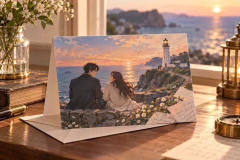 Personalised greeting cards with original kdrama-inspired artwork: island lighthouse and handwritten-letter shapes