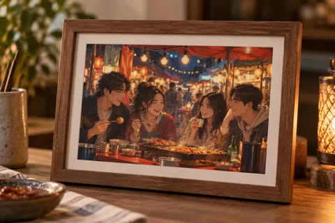 Photo frames with original kdrama-inspired artwork: night market food-stall friendship scene
