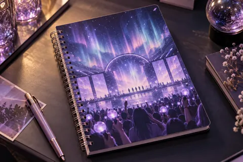 Personalised notebooks with original kpop-inspired artwork: purple concert light sticks and aurora stage