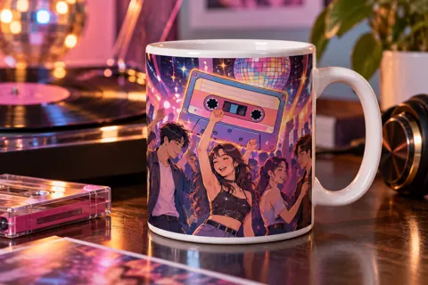 Personalised photo mug with original kpop-inspired artwork: retro cassette and bright dance-floor illustration