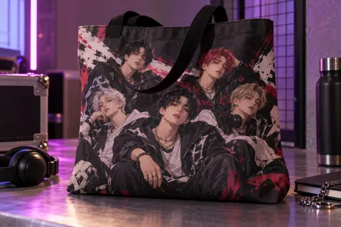 Printed tote bags with original kpop-inspired artwork: five original fictional performers in coordinated streetwear