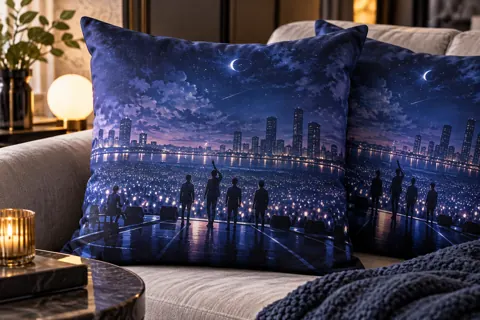 Photo cushions with original kpop-inspired artwork: midnight blue concert skyline