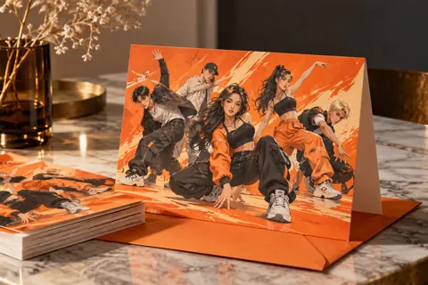 Personalised greeting cards with original kpop-inspired artwork: original dance crew dynamic poses against orange backdrop