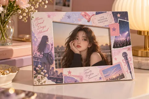 Photo frames with original kpop-inspired artwork: pastel fan-journal collage with stars and ticket shapes