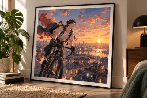 Posters and art prints with original webtoon-inspired artwork: original superhero cyclist above city rooftops