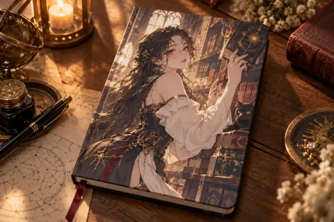 Personalised notebooks with original webtoon-inspired artwork: fantasy librarian with magical books