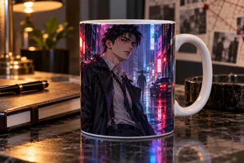 Personalised photo mug with original webtoon-inspired artwork: original detective in neon rainy alley