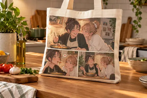 Printed tote bags with original webtoon-inspired artwork: slice-of-life roommates cooking dinner panels