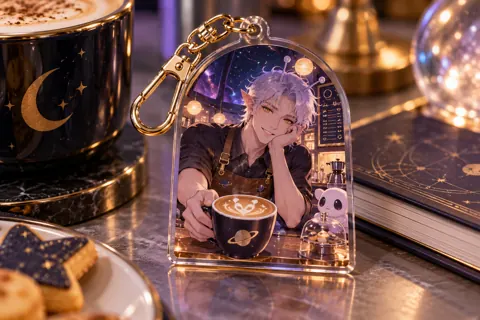 Photo keyrings with original webtoon-inspired artwork: fantasy space-cafe character with a coffee cup