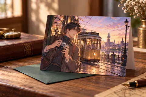 Personalised greeting cards with original webtoon-inspired artwork: time-travelling photographer and old tram