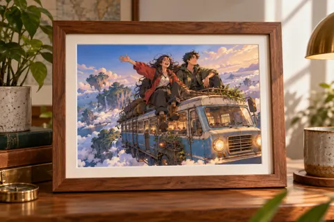Photo frames with original webtoon-inspired artwork: original adventurous siblings on floating bus