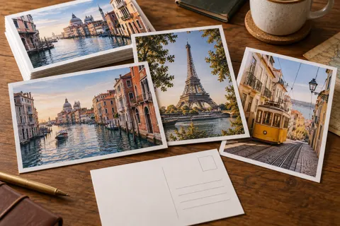 Europe travel postcards — illustrative custom printing mockup